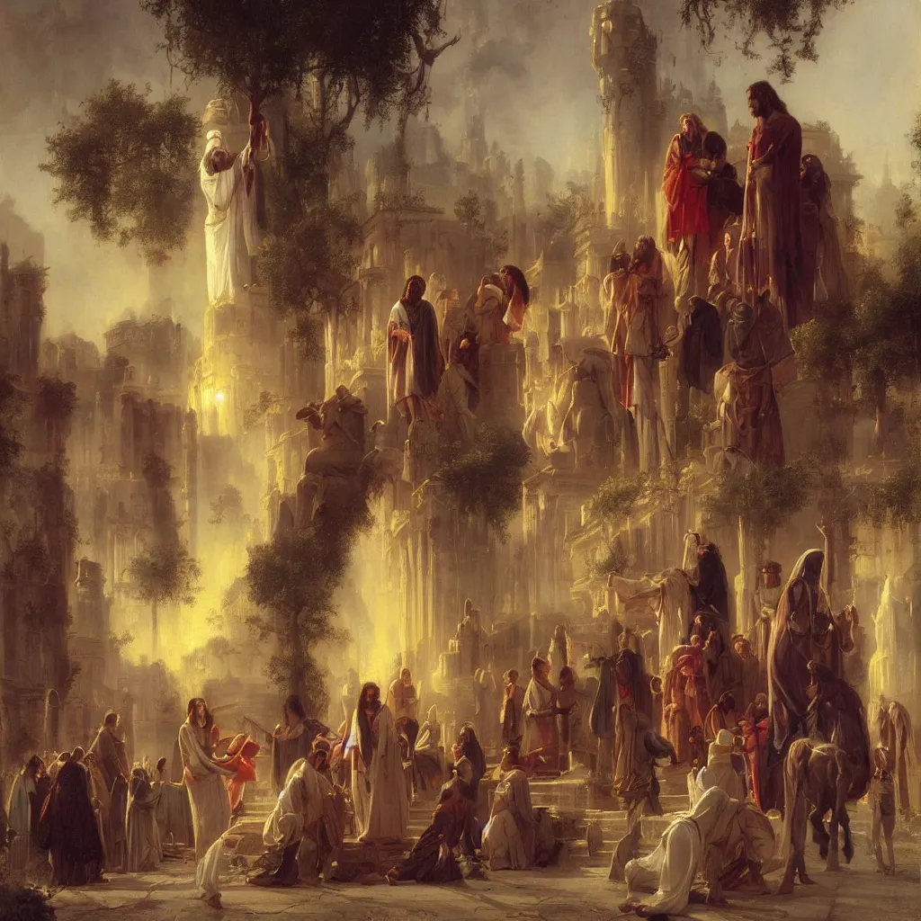 Image similar to jesus tours the streets of hollywood by raphael lacoste and pierre auguste cot and delphin enjolras and daniel f. gerhartz