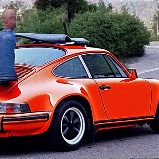 Prompt: porsche 911 in back 2 the future. trail of fire on street. 88mph. lightning strike