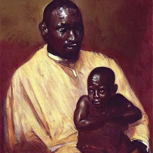 Prompt: a painting of a elegant, well fed, smooth-chinned, elder with few eyebrows and his son from Kenya by Henry Ossawa Tanner . thinker without facial hair, thoughtful, focused, visionary, calm, jovial, loving, fatherly, generous, . dramatic angle, ethereal lights, details, smooth, sharp focus, illustration, realistic, cinematic, artstation, award winning, rgb , unreal engine, octane render, cinematic light, macro, depth of field, blur, red light and clouds from the back, highly detailed epic cinematic concept art CG render made in Maya, Blender and Photoshop, octane render, excellent composition, dynamic dramatic cinematic lighting, aesthetic, very inspirational, arthouse.