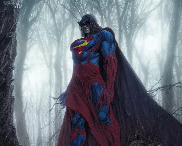 Image similar to 5 5 mm portrait photo of a demonic undead superman in a magical forest. magical atmosphere. art by greg rutkowski and luis royo. highly detailed 8 k. intricate. lifelike. soft light. nikon d 8 5 0.