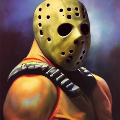 Prompt: ultra realistic portrait painting of jason voorhees, art by frank frazetta, 4 k, ultra realistic, highly detailed, epic lighting