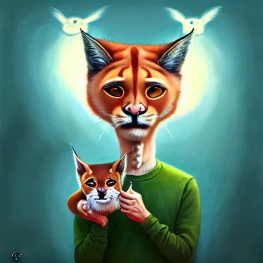 Image similar to Portrait of Ryan Gosling holding cute caracal in hands, Funny cartoonish by Gediminas Pranckevicius