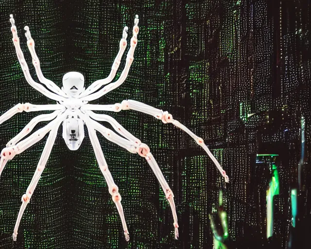 Prompt: photo of a white cyborg spider with biomechanical body and borg enhancements and optical fibers in the forest. cyberpunk horror style. highly detailed 8 k. intricate. nikon d 8 5 0 5 5 mm. award winning photography.