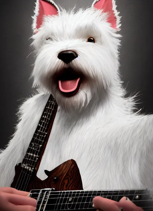 Image similar to a high detail shot of an Anthropomorphic west highland white terrier as a heavy metal guitarist, photorealism, volumetric lighting, epic lighting, artstation, hd