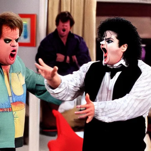 Image similar to mad michael jackson yelling at sad chris farley for messing up his bob ross painting