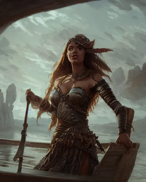 Prompt: A beautiful female warrior posing on a boat, beautiful face, highly detailed face, close-up, fantasy art, female art, in the style of greg rutkowski, illustration, epic, fantasy, intricate, hyper detailed, artstation, concept art, smooth, sharp focus, ray tracing