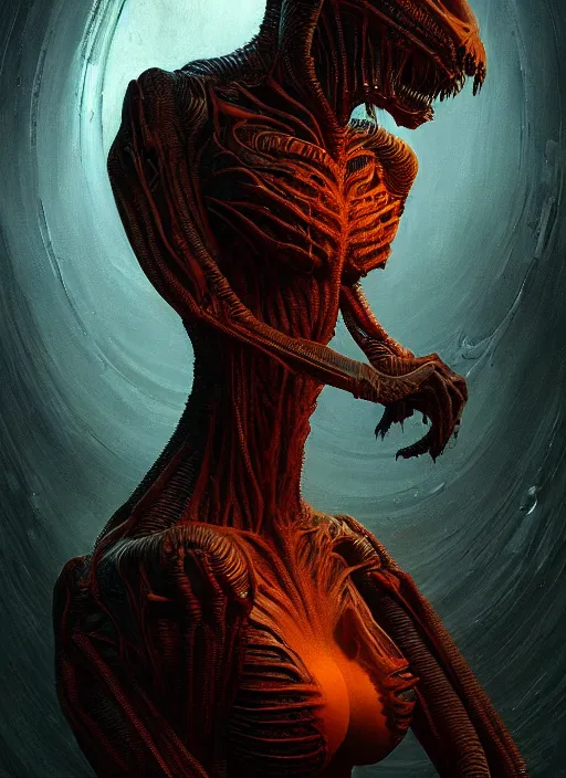 Image similar to ultra realist horror painting of a dimly lit attractive alien female and hellish creature together, very intricate details, focus, curvy, full frame image, artstyle hiraku tanaka and craig mullins, award winning