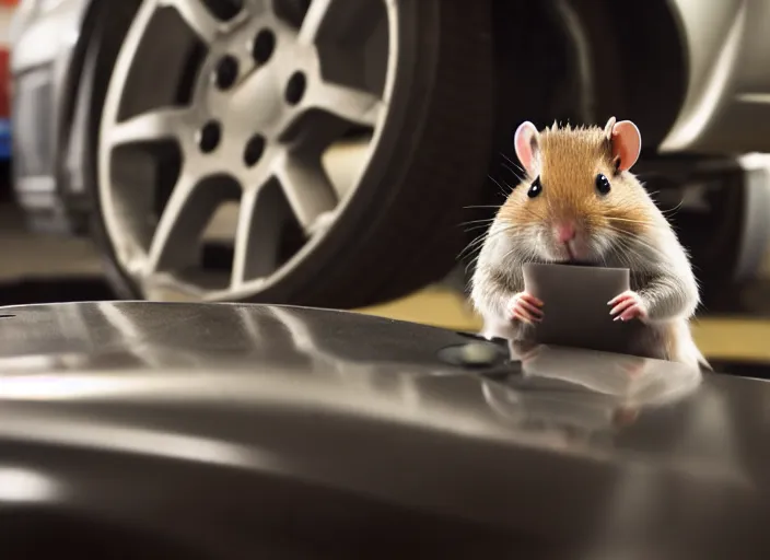 Image similar to film still of a hamster working as a mechanic in an auto shop, 8 k