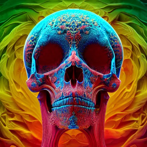 Prompt: a beautiful digital art of a detailed psychedelic coral - carved human skull made from detailed fractal by alberto seveso, jean delville, edmund dulac, jean giraud, vivid colors, octane render, redshift render