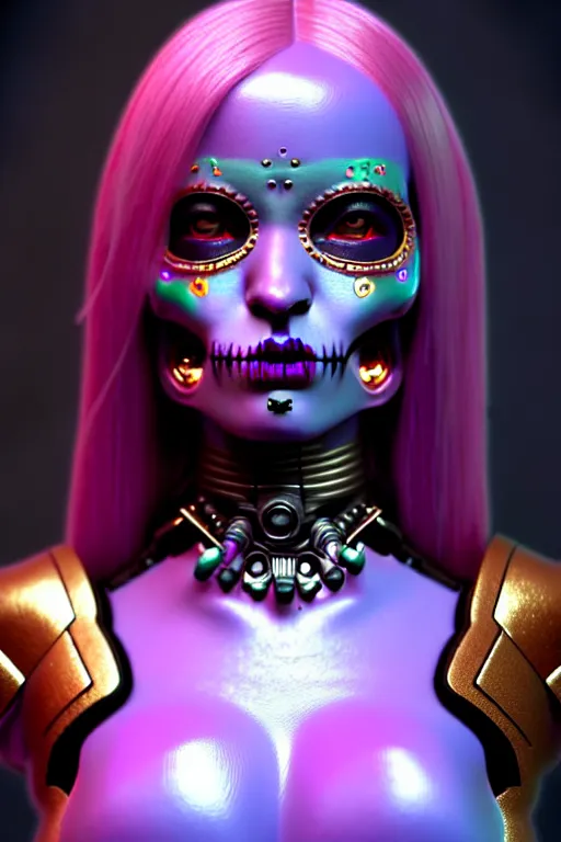 Image similar to ultra detailed female android deity, cinematic, 8 k, sci - fi movie!!, flowerpunk, sci - fi, fantasy, ( dia de los muertos ), asymmetrical,!! concept art, unreal engine, octane render, zbrush, art by artgerm and michael welan and alphonse mucha and loish and wlop