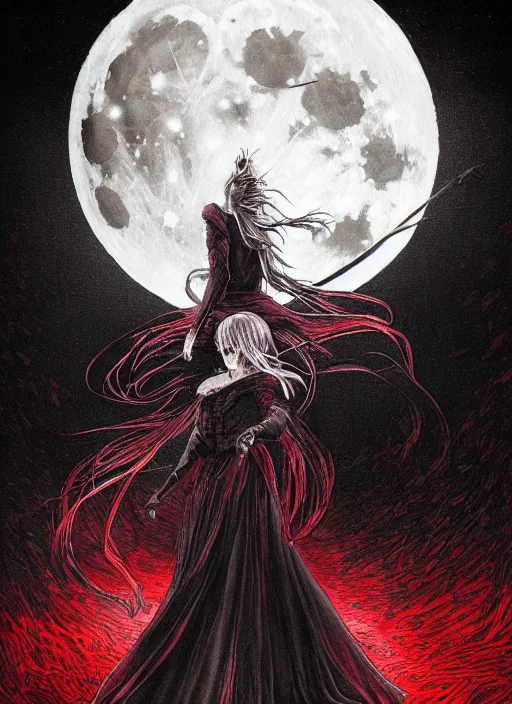 Image similar to portrait, A witch in front of the full big moon, book cover, red white and black colors, dramatic lighting, cinematic, establishing shot, extremly high detail, foto realistic, cinematic lighting, intricate line drawings, by Yoshitaka Amano, Ruan Jia, Kentaro Miura, Artgerm, post processed, concept art, artstation, matte painting, style by eddie mendoza, raphael lacoste, alex ross