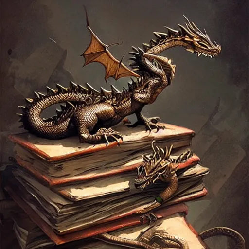 Image similar to bronze dragon sitting on a hoard of books, fantasy, dnd, art by greg rutkowski