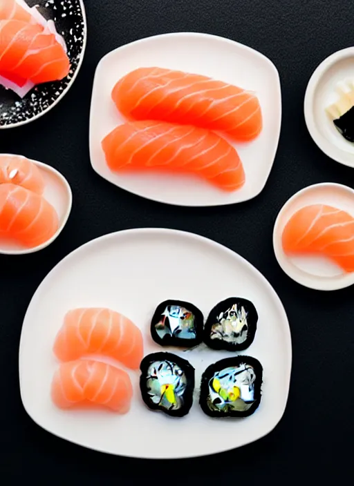 Prompt: clear photorealistic picture of simple cute cat paws made from sushi rice, sitting on sushi plates with garnish