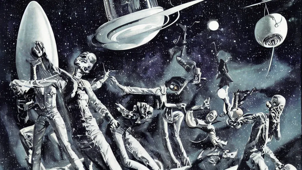 Prompt: intruders from a flying saucer by Ed Emshwiller