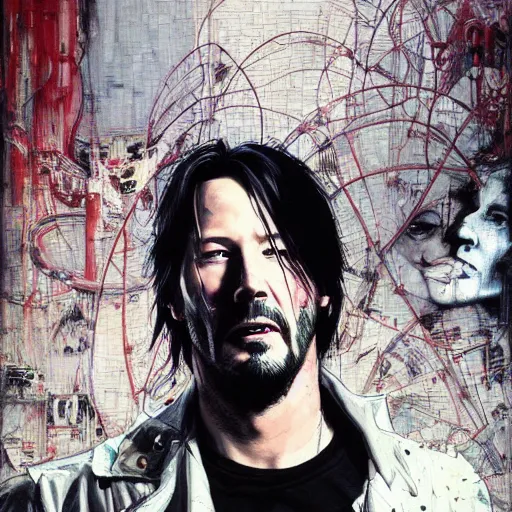 Image similar to keanu reeves as a cyberpunk noir detective, skulls, wires cybernetic implants, machine noir grimcore, in the style of adrian ghenie esao andrews jenny saville surrealism dark art by james jean takato yamamoto and by ashley wood and mike mignola