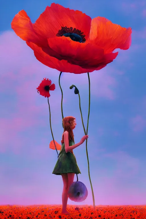 Prompt: closeup, giant poppy flower head, girl standing in a field of flowers, surreal photography, sunrise, blue sky, dramatic light, impressionist painting, digital painting, artstation, simon stalenhag