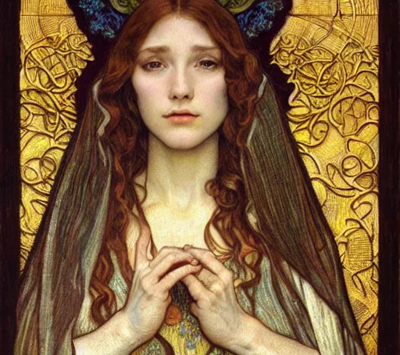 Image similar to detailed realistic beautiful young medieval queen face portrait by jean delville, alphonse mucha, vincent van gogh, and marco mazzoni, art nouveau, symbolist, visionary, gothic, pre - raphaelite