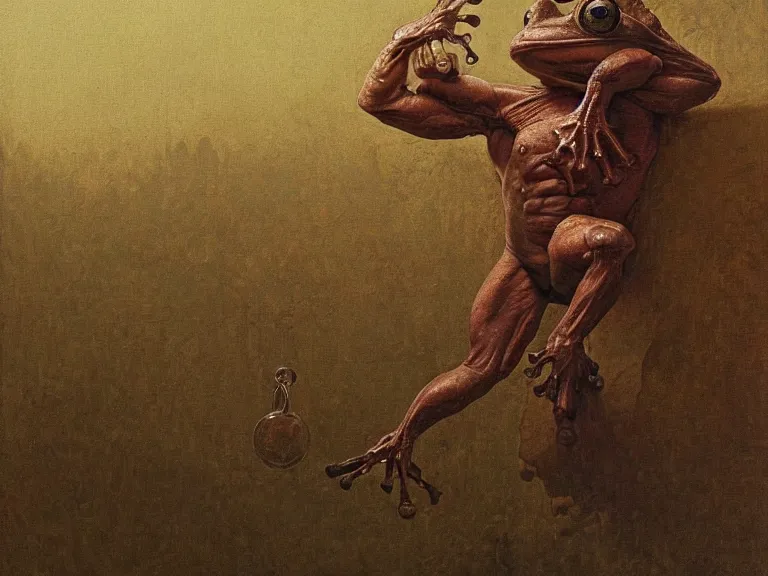 Image similar to a detailed bodybuilding frog doing a pose by beksinski carl spitzweg moebius and tuomas korpi. baroque elements. baroque element. intricate artwork by caravaggio. Oil painting. Trending on artstation. 8k