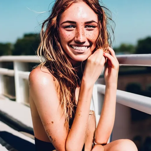 Image similar to a trending photo of over a million views from a female fashion model's instagram account, summer, freckles, smile, green eyes, natural, easygoing, healthy, nikon, leica, zeiss, 5 0 mm lens, flash fill, f 1. 8 depth of field