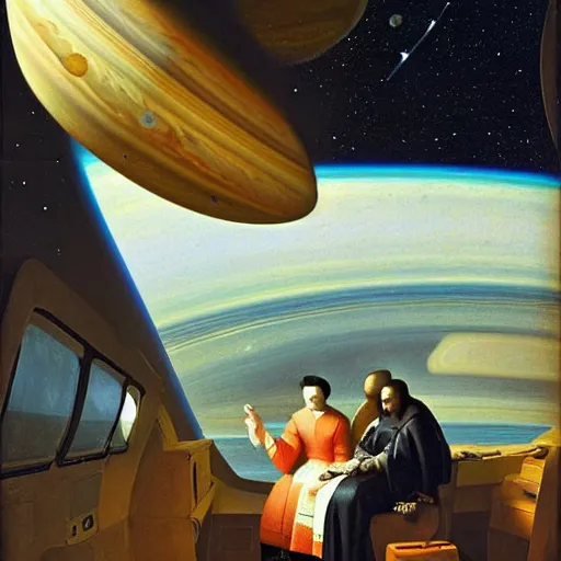 Prompt: Two space travelers sitting side by side in a space cruiser, flying between Jupiter and Saturn, the milky way galaxy in the background, oil painting by vermeer,