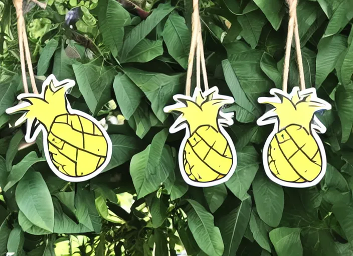 Prompt: die cut sticker of two cute kawaii smiling pineapples on a swing set