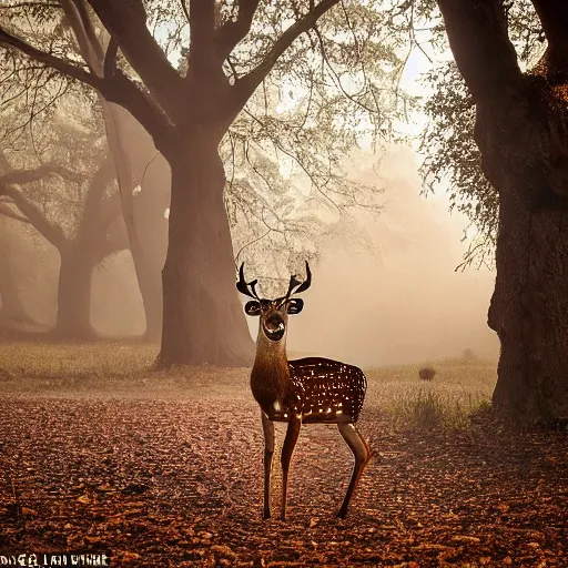 Image similar to a beautiful spotted deer in the woods lit by the morning sky, sunrise, chital, photorealistic, by annie leibovitz and steve mccurry, natural light, canon eos c 3 0 0, ƒ 1. 8, 3 5 mm, 8 k, medium - format print