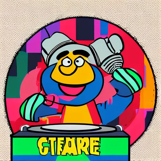 Image similar to svg sticker of a Pop-Wonder Bert&Ernie, Sesame-Street, at a rave, spinning records, giant headphones rocking out, wearing headphones, huge speakers, dancing, rave, DJ, spinning records, digital art, amazing composition, rule-of-thirds, award-winning, trending on artstation, featured on deviantart