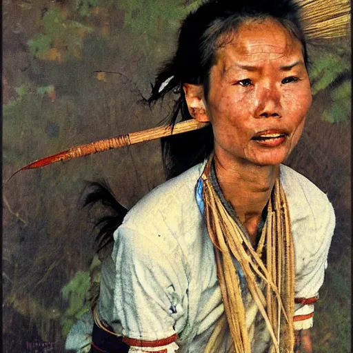 Image similar to high quality high detail painting by norman rockwell, hd, a skinny beautiful kayan female tribe leader, hair in wind, photorealistic lighting