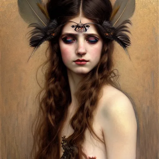 Prompt: portrait of a girl with feathers on her face, face, fantasy, intricate, elegant, dramatic lighting, highly detailed, lifelike, photorealistic, digital painting, artstation, concept art, smooth, sharp focus, illustration, art by John Collier and Krenz Cushart and Artem Demura and Alphonse Mucha and and Albert Aublet