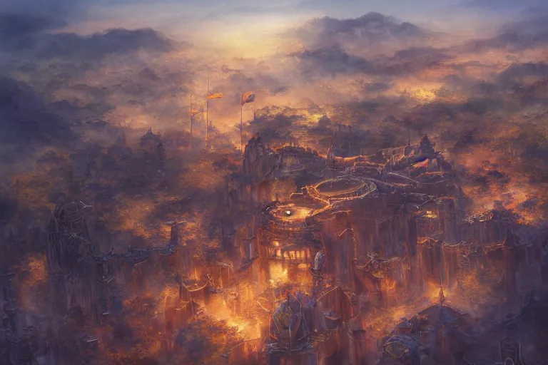 Image similar to fantasy painting, aerial view of an ancient land, sunset and ominous shadows over the kingdom, brutalist shiro himeji rivendell palace eden by jessica rossier and ( ( ( ( brian froud ) ) ) )