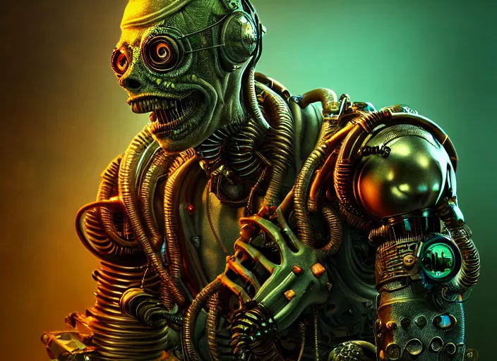 Prompt: an intricately detailed ultra - realistic unreal engine 5 rendering of a portrait of steampunk cyberpunk neon - bordered cyborg zombie creature from the black lagoon, concept art, intricate details, eerie, highly detailed, photorealistic, octane render, 8 k uhd art by kilian eng