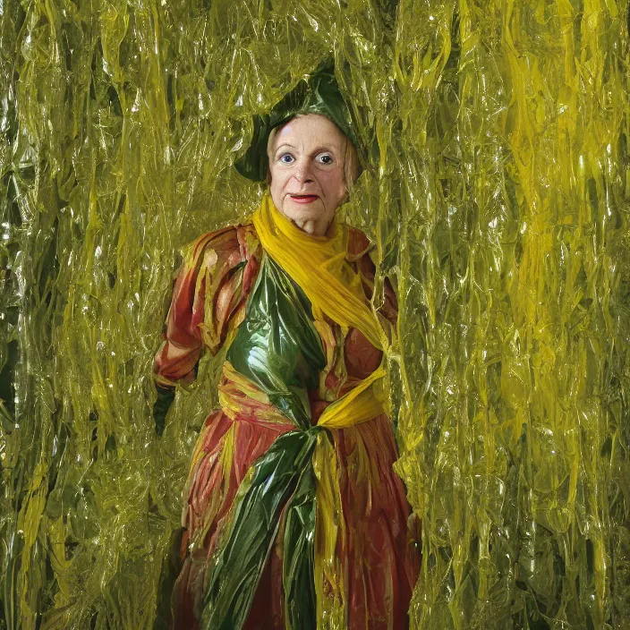 Image similar to closeup portrait of a woman wrapped in chartreuse cellophane, standing in an overgrown interior, color photograph, by paula rego, canon eos c 3 0 0, ƒ 1. 8, 3 5 mm, 8 k, medium - format print