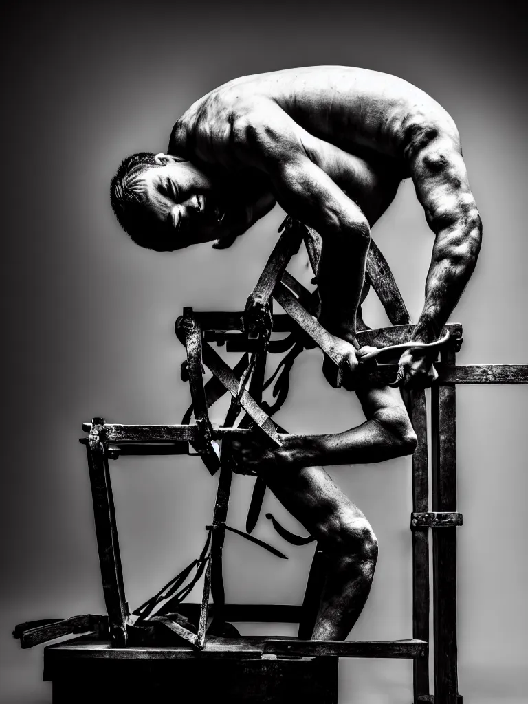 Image similar to a perfect portrait photograph, of a twisting man, being fed into a mangle. perfect focus and studio lighting.