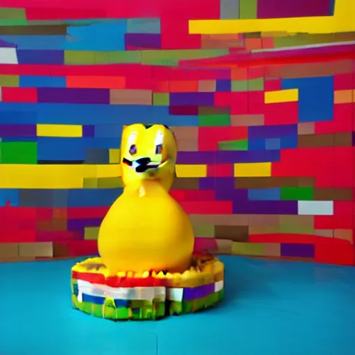 Image similar to a large rubber duck sits alone in a large room next to a birthday cake made out of lego bricks. the walls are covered with colorful wall paintings in the style of sol lewitt.