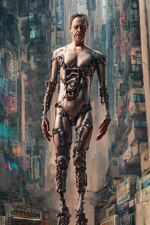 Image similar to wow! 3 / 4 stunning photorealistic portrait of steve buscemi in a kowloon cyberpunk cityscape, biomechanical bodysuit, oppai proportions, acid rain, dark fantasy by artgerm and clay mann and sorayama and alphonse mucha, very realistic, hyperdetailed, trending on artstation, octane render