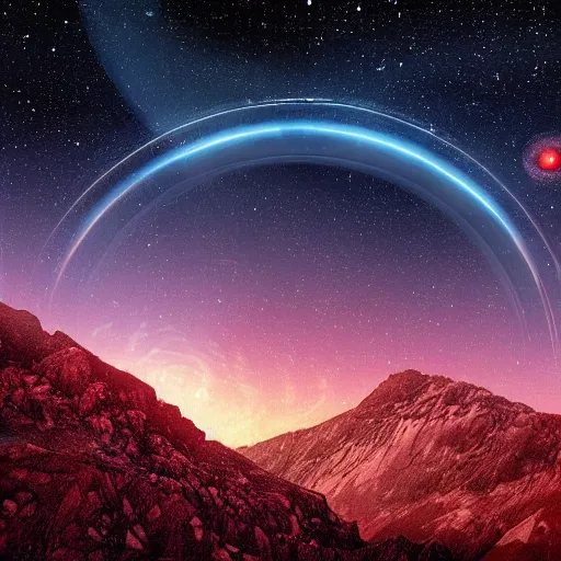 Prompt: A forested valley surrounded by ice mountains at night, a red nebula and orange gas giant with rings in the sky, no clouds, sci-fi, photorealistic