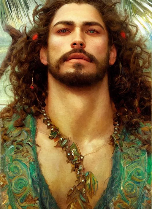 Image similar to detailed cinematic wide shot of muscular attractive young aztec man beard slim face symmetrical face tanskin green eyes white hair wearing sea clothes, detailed intricate priceless gems, ultra realistic, spring light, painting by gaston bussiere, craig mullins, j. c. leyendecker