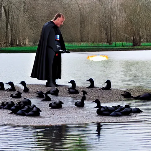 Prompt: darth vader feeding ducks