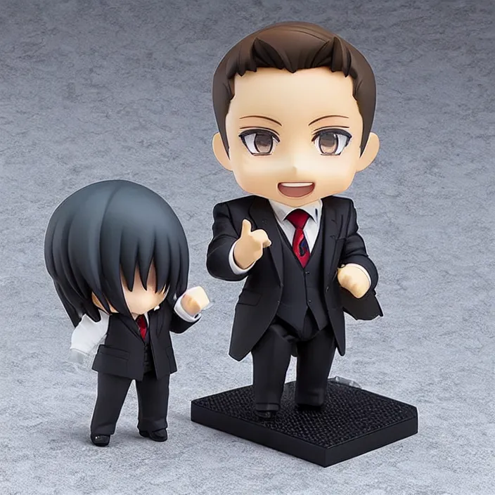 Image similar to a anime nendoroid of elon musk wear giorgio armani suits and black shoe, car tesla 3, figurine, product photo, detailed