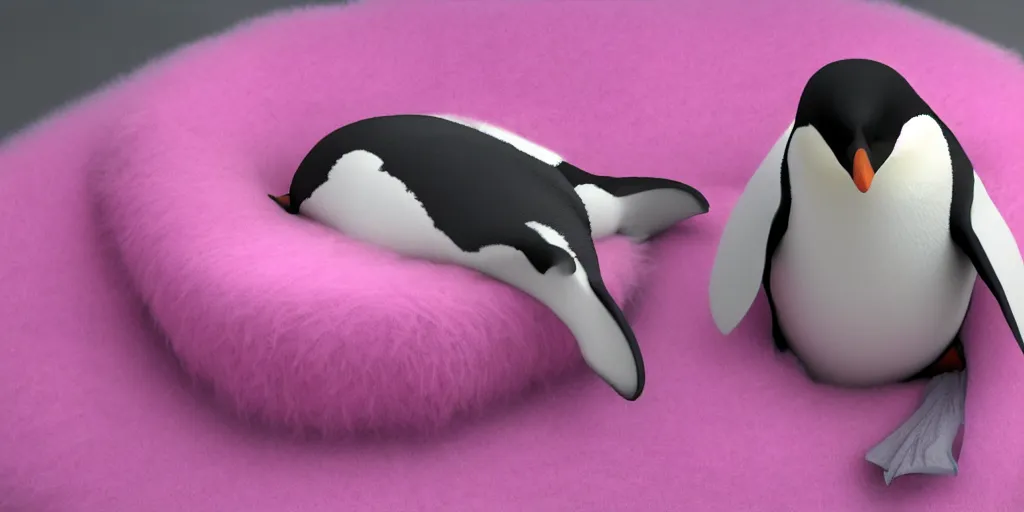 Image similar to realistic penguin in an pink fluffy bed, unreal 5