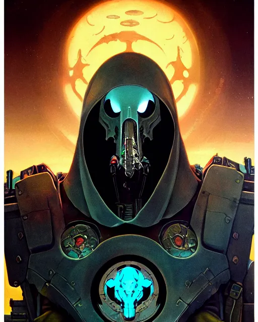 Image similar to reaper from overwatch, character portrait, portrait, close up, concept art, intricate details, highly detailed, vintage sci - fi poster, retro future, in the style of chris foss, rodger dean, moebius, michael whelan, and gustave dore