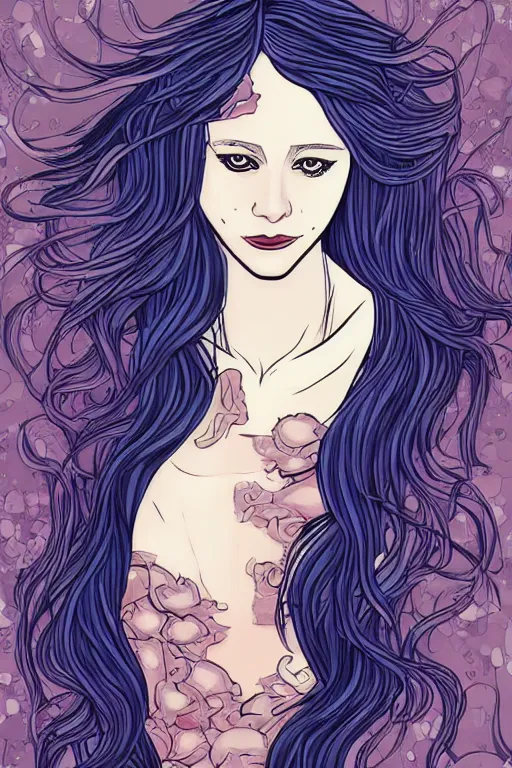 Prompt: mermaid taissa farmiga, in style blend of Botticelli and Æon Flux, amazing detail, stunning lines, flat colors, 4K, digital illustration, character concept