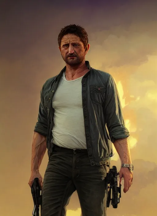 Image similar to Highly detailed portrait of Gerard Butler, in GTA V, Stephen Bliss, unreal engine, fantasy art by Greg Rutkowski, Loish, Rhads, ferdinand knab, Makoto Shinkai and Lois van baarle, ilya kuvshinov, rossdraws, Tom Bagshaw, alphonse mucha, global illumination, radiant light, detailed and intricate environment