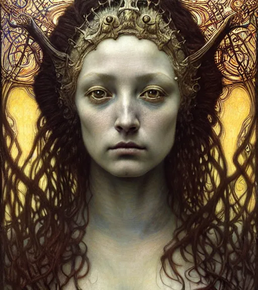 Image similar to detailed realistic beautiful young medieval alien queen face portrait by jean delville, gustave dore and marco mazzoni, art nouveau, symbolist, visionary, gothic, pre - raphaelite. horizontal symmetry by zdzisław beksinski, iris van herpen, raymond swanland and alphonse mucha. highly detailed, hyper - real, beautiful