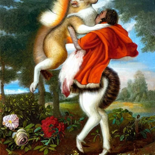 Image similar to a giant fluffy squirrel carrying napoleon bonaparte on its back, beach scene, flowers and foliage, detailed oil painting