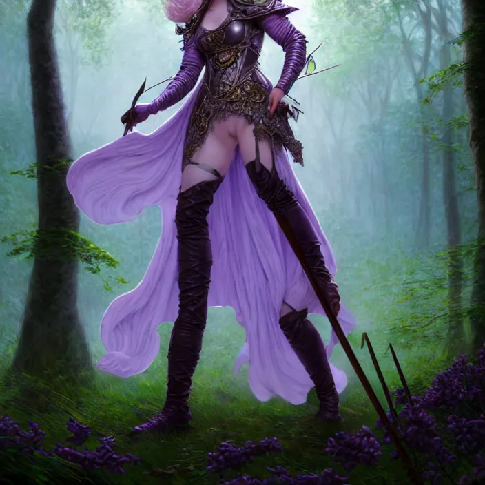 Image similar to masked d & d bard with her lilac leather armor in a forest, volumetric lighting, fantasy, intricate, elegant, highly detailed, lifelike, photorealistic, digital painting, artstation, fox ears illustration, concept art, sharp focus, by john collier and albert aublet and krenz cushart and artem demura and alphonse mucha
