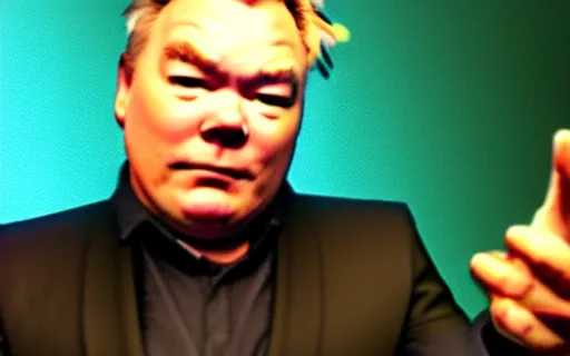 Image similar to Stewart Lee playing Counter Strike, gameplay footage with facecam in the bottom right