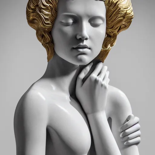 Image similar to a statue made of white marble with gold veins, of an beautiful gorgeous angel girl, full body shot, perfect symmetrical body, perfect symmetrical face, no eyes, hyper realistic, hyper detailed, fujicolor superia 1 6 0 0 photo, by peter kemp, by monia merlo, by michelangelo octane render, blender, 8 k