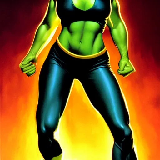 Image similar to full figure, Sigourney weaver as She-Hulk, atmospheric lighting, painted, intricate, golden hour, ultra detailed by Alex Ross