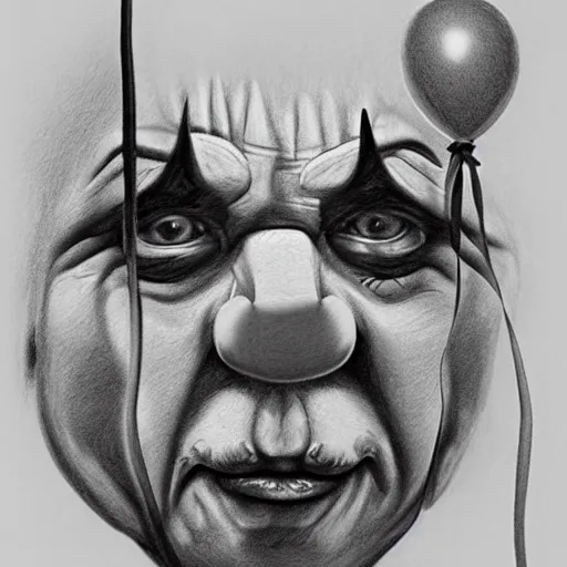 Prompt: clown with a Balloon pencil sketch by Monical Lee, hyperrealism, detailed